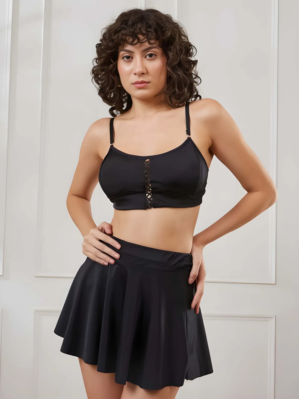 Fancyra Women’s 3-Piece Black Baby Doll Lingerie Set With Crop Top, Mini Skirt And Panty