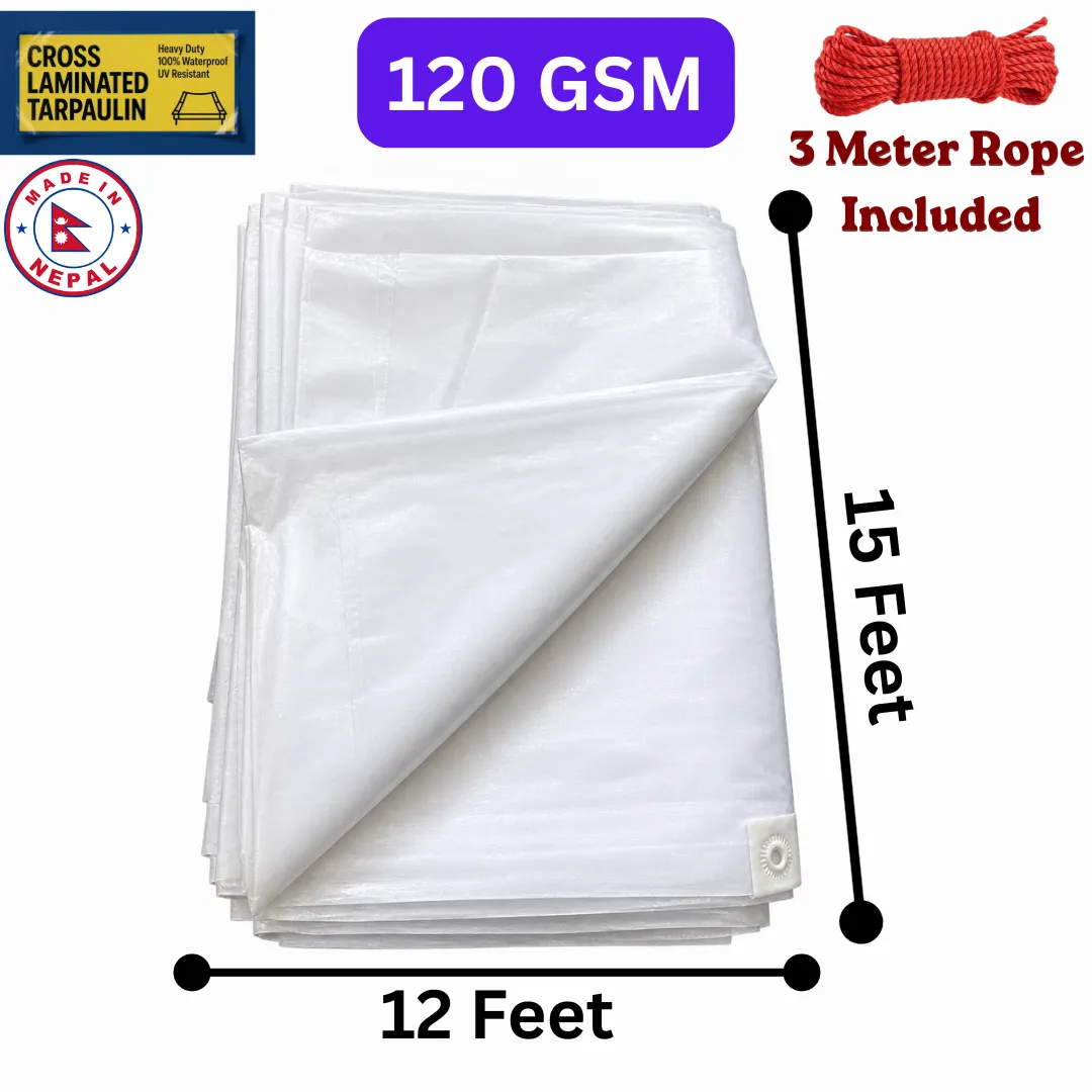 12x15Ft White 120GSM Cross-Laminated Waterproof UV-Proof Tarpaulinl 