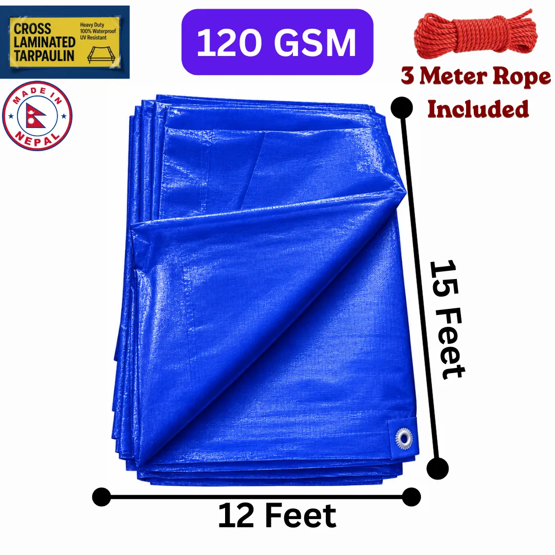 12x15Ft Blue 120GSM Double-Layer Cross-Laminated Waterproof UV-Proof Tarpaulin