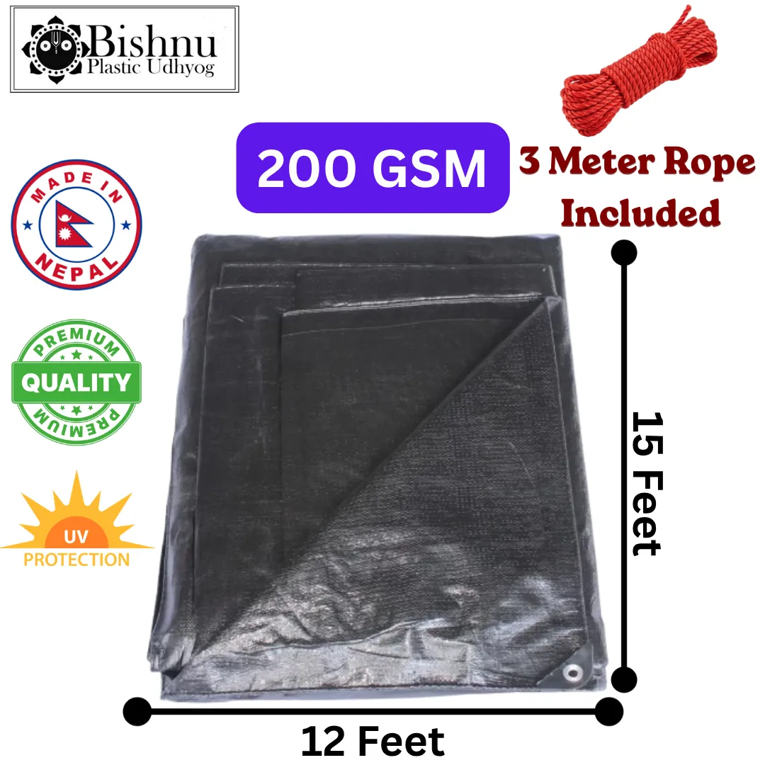 Bishnu 12x15Ft Black 200GSM Heavy-Duty Waterproof UV-Resistant Tarpaulin