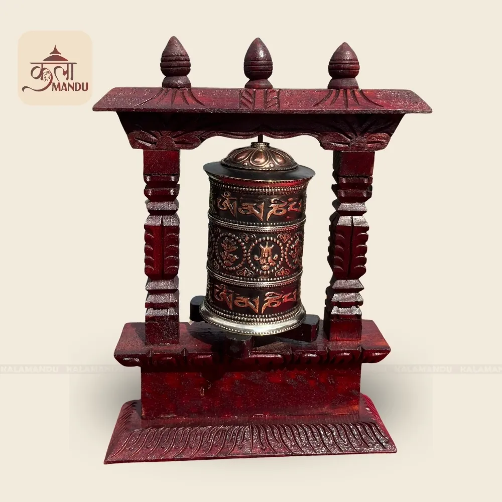 Ashtamangala Prayer Wheel With Wooden Base 10-Inch 