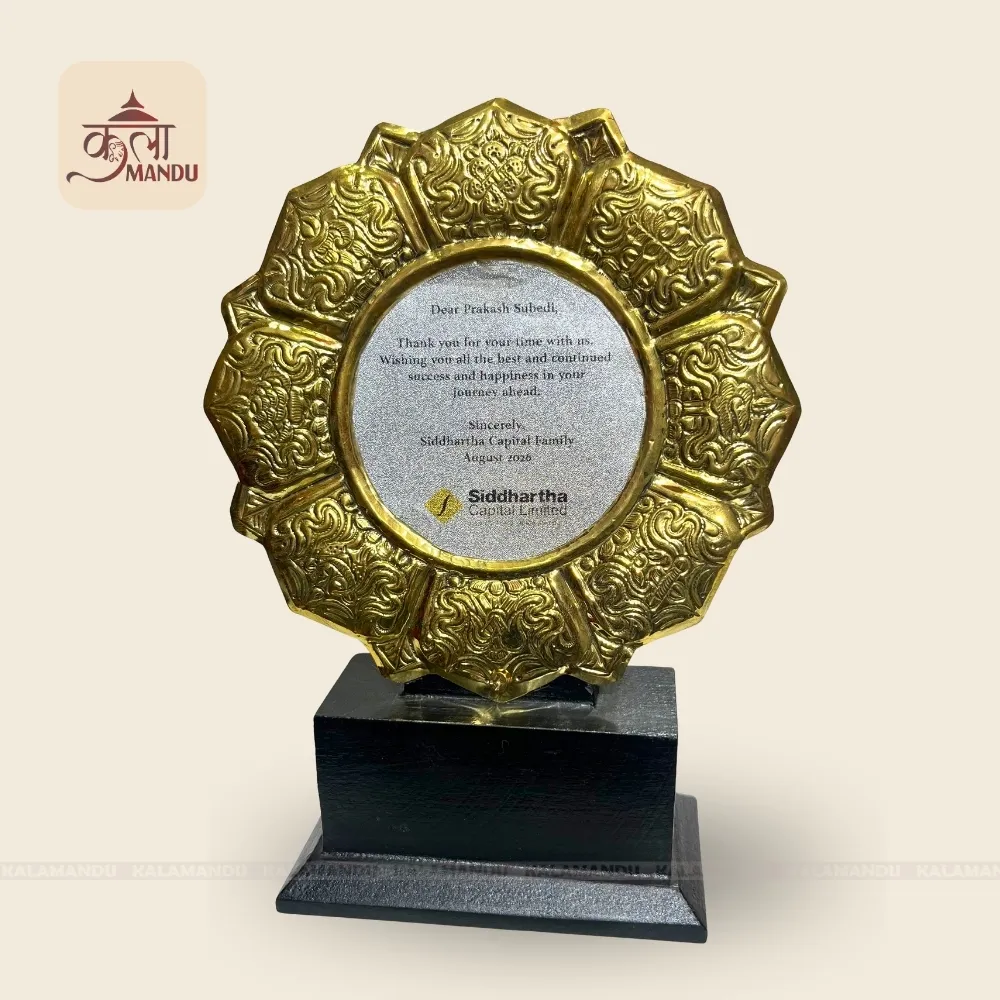 Round Ashtamangala Plaque with Wooden Base