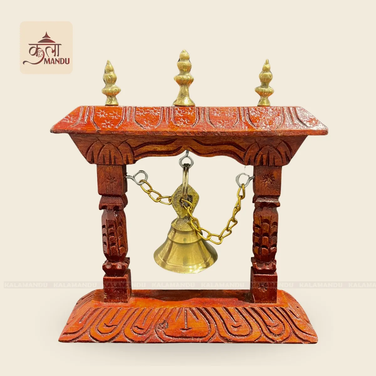 Handcrafted Wooden Bell Stand with Metal Gajur