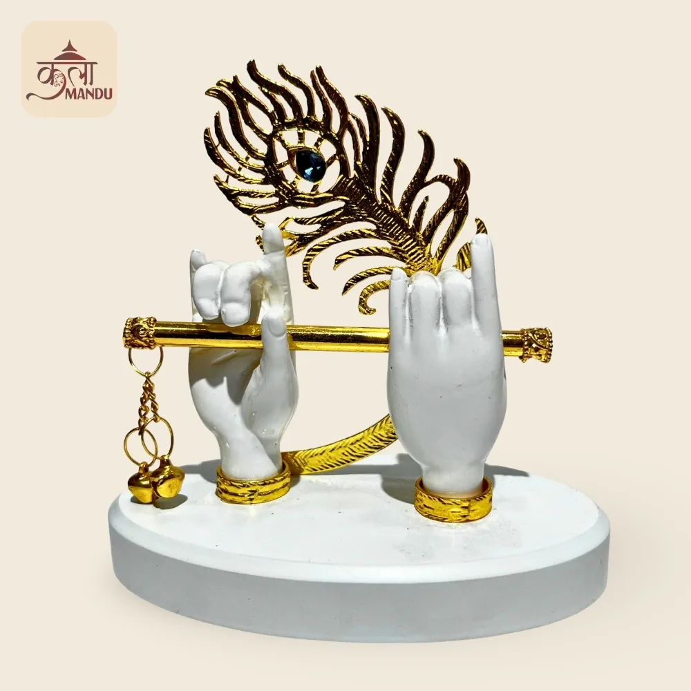 Krishna Flute Statue With Peacock Feather – Spiritual Decor 12 Cm