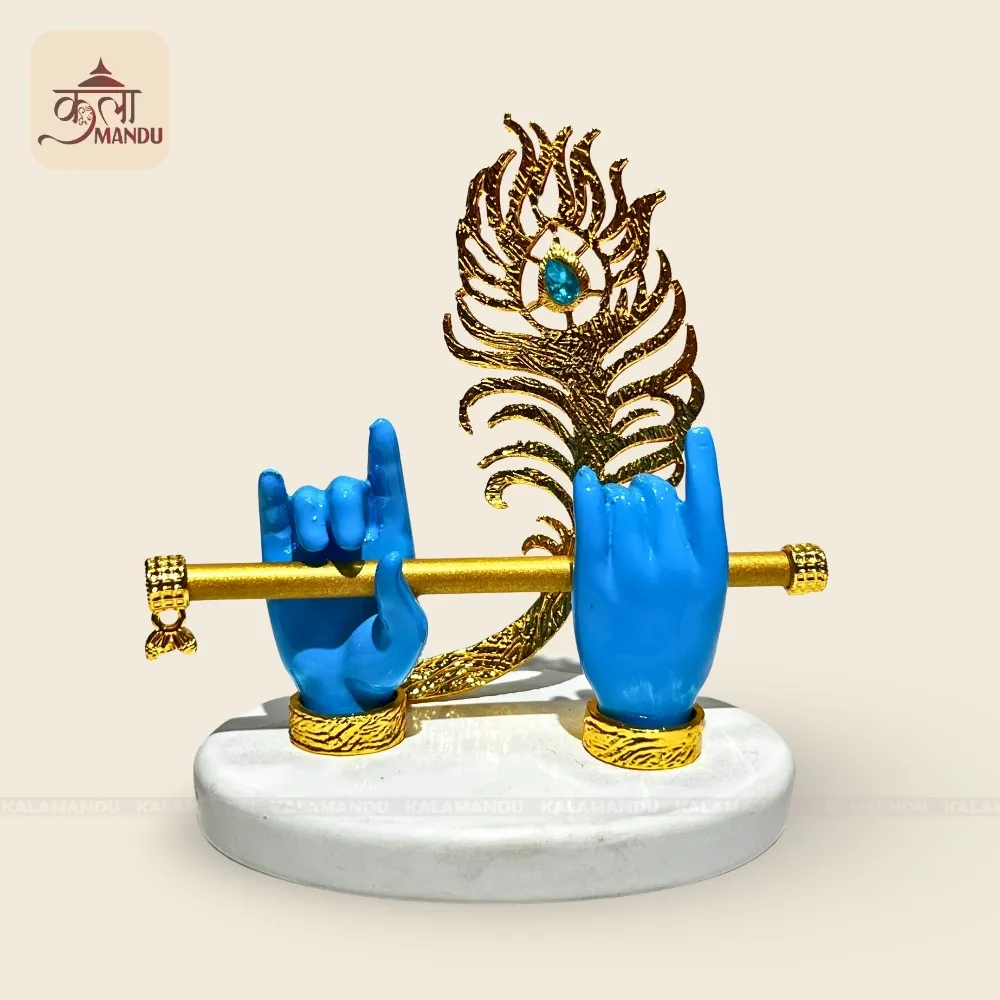Krishna Flute Statue With Peacock Feather – Spiritual Decor 9 Cm