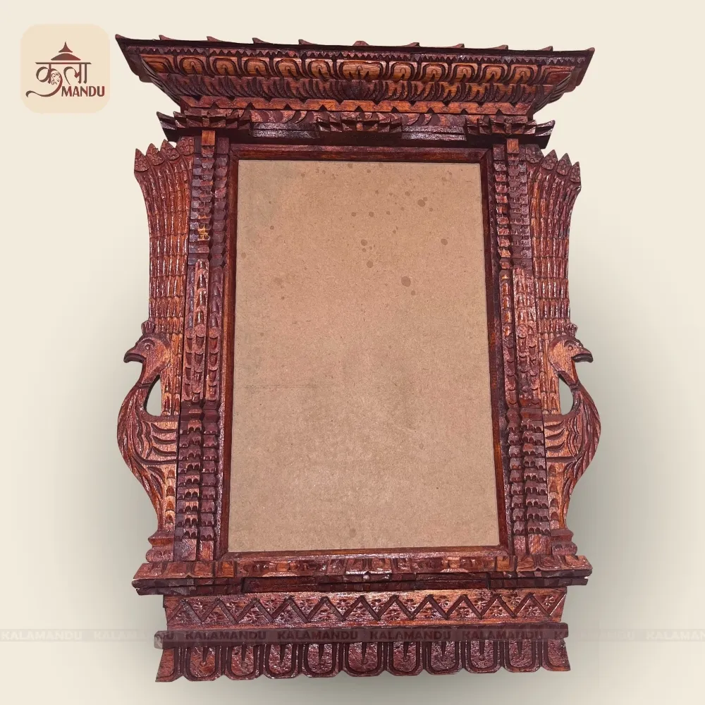 A4 Mayur Peacock Wooden Photo Frame – Traditional Nepali Decor