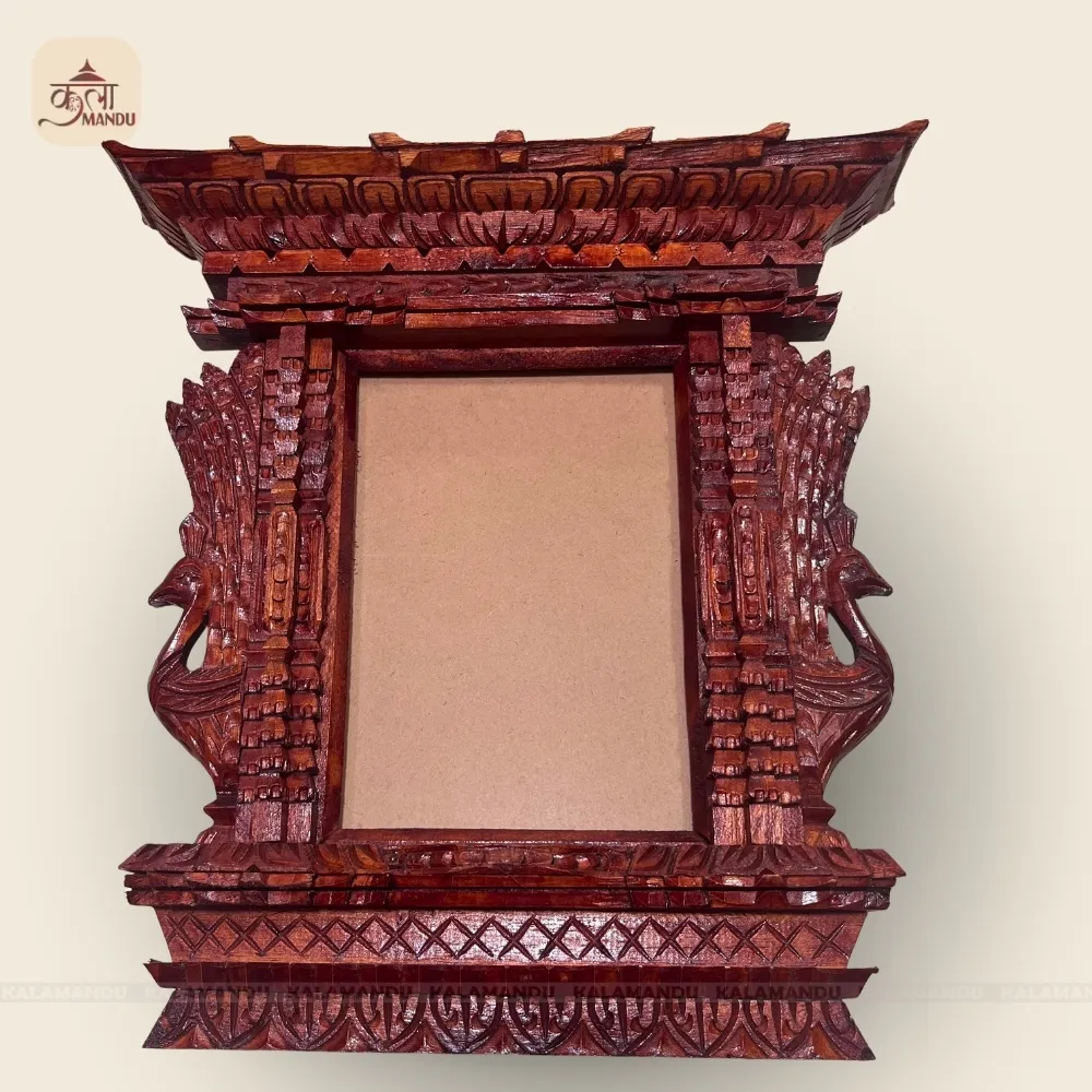 A5 Mayur Peacock Wooden Photo Frame – Traditional Nepali Decor