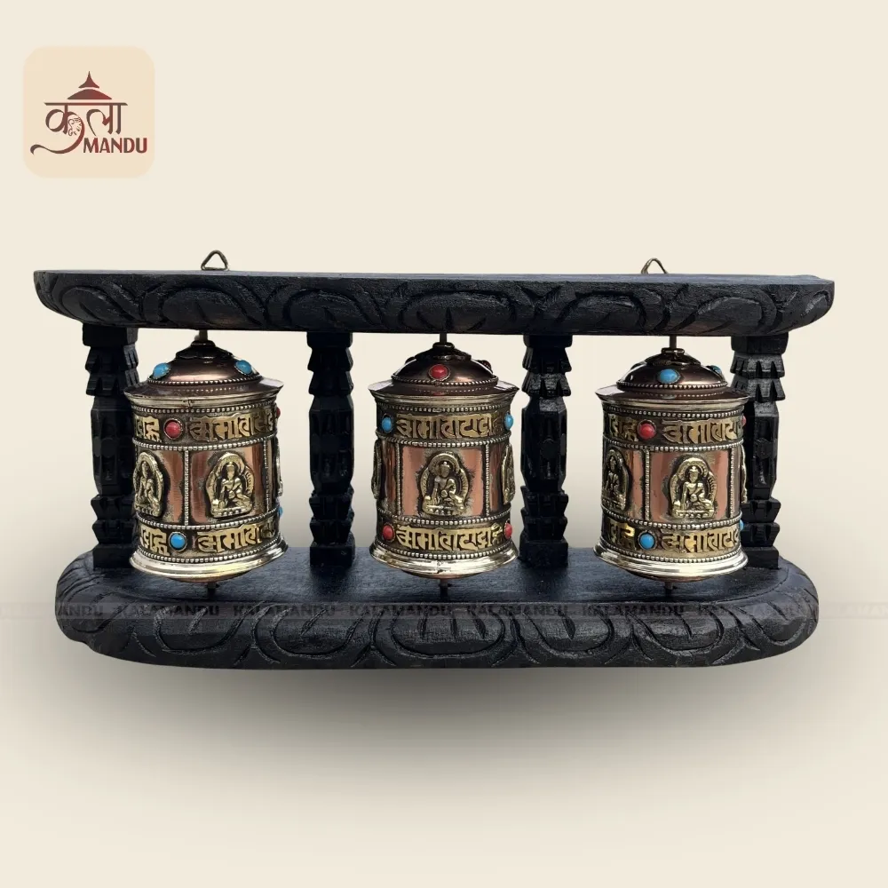 3 Prayer Wheels on Wooden Frame – Tibetan Buddhist Wall Decor
