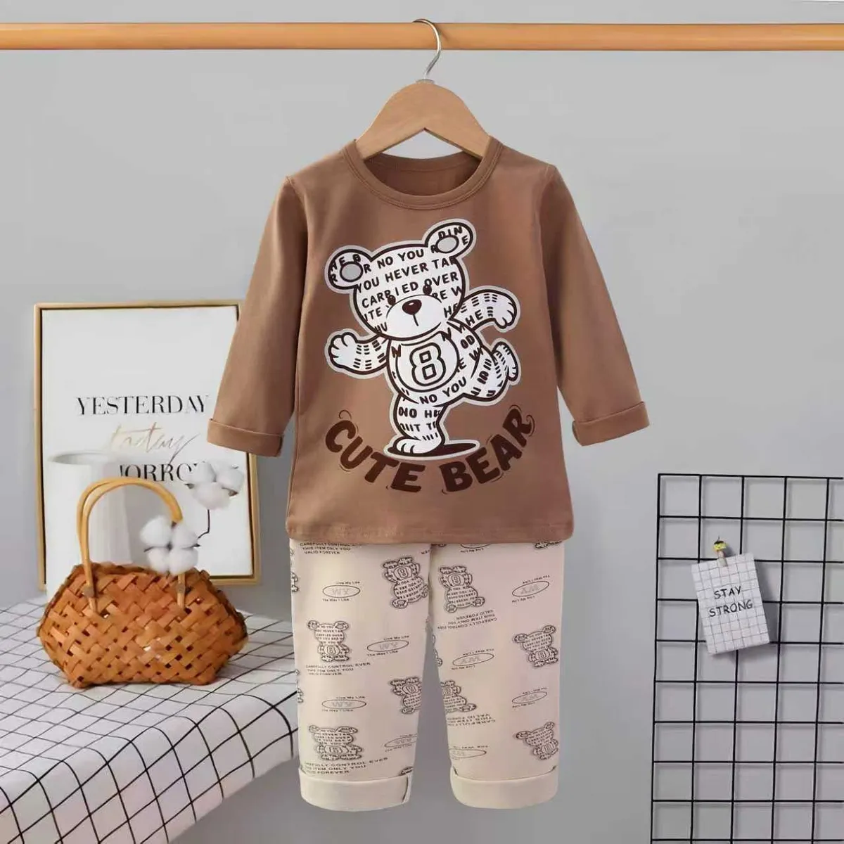 Unisex Brown Cute Bear PJ Set For Kids