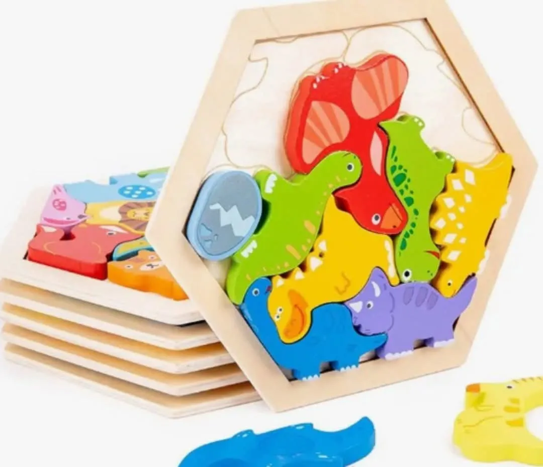 Dinosaur Shapes: One 3D Wooden Stacking Hexagonal Puzzle For Early Learning
