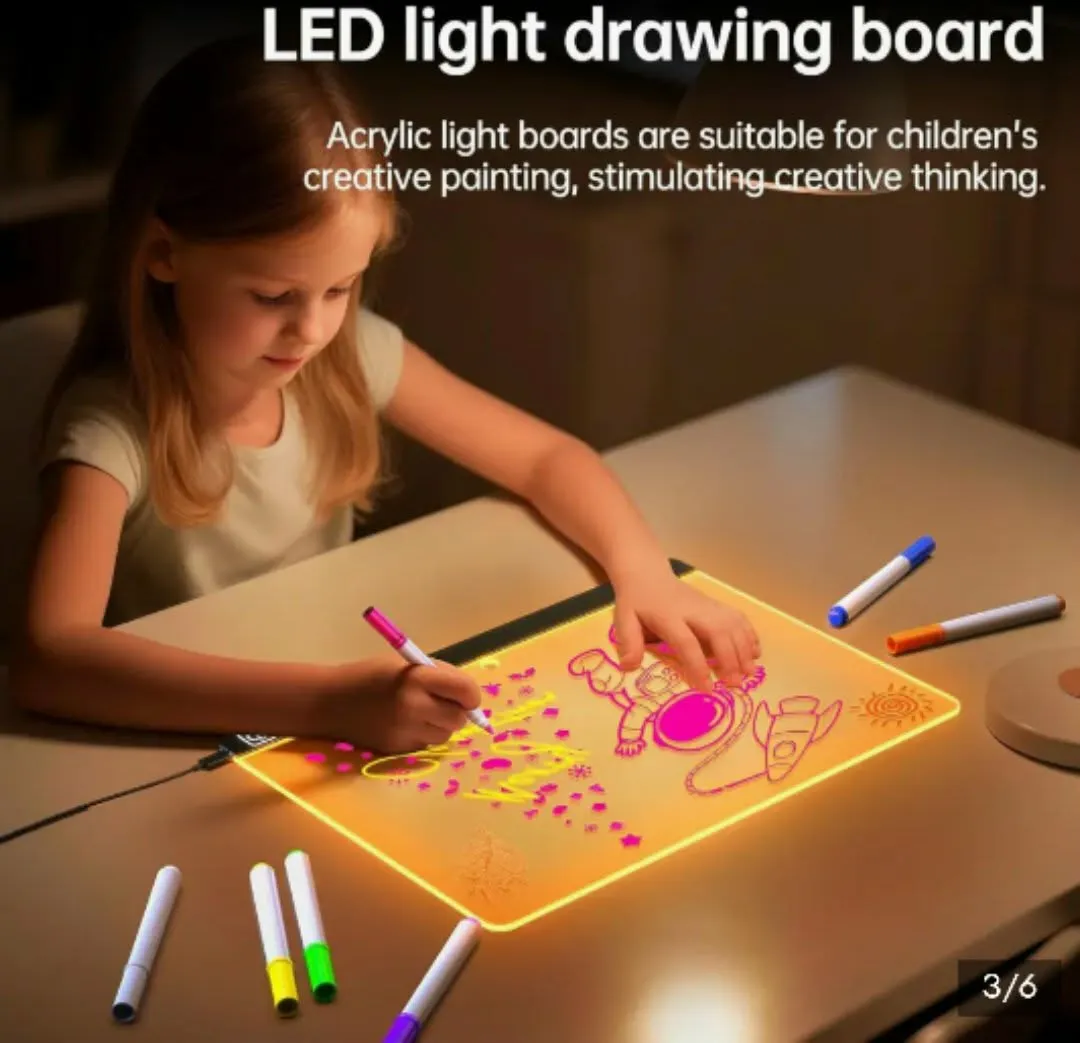 LED Note Board: One Clear Acrylic Glow Drawing Memo With Seven Color Markers For Kids