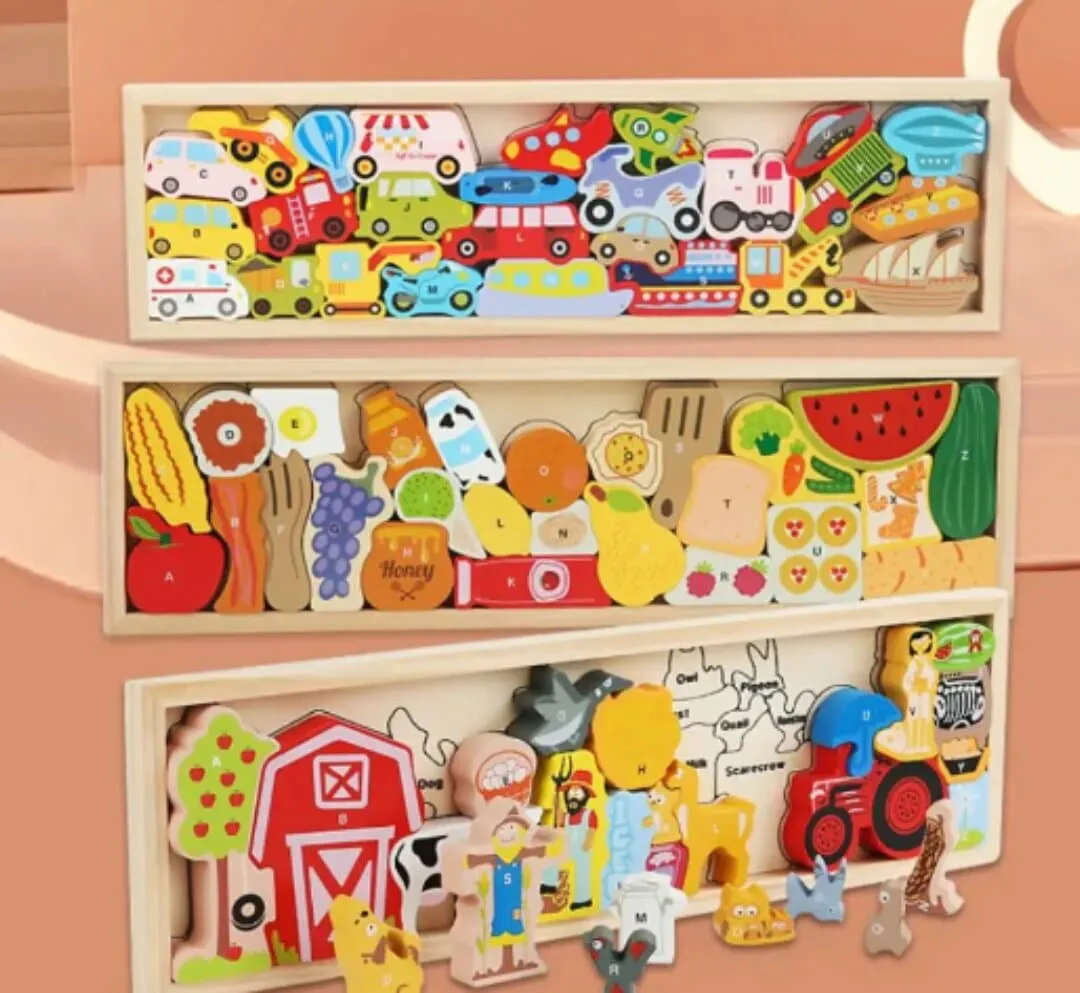3 PCS Set: One Handheld Wooden Jigsaw Toy With Animal Farm And Traffic Games For Kindergarten - Multicolor