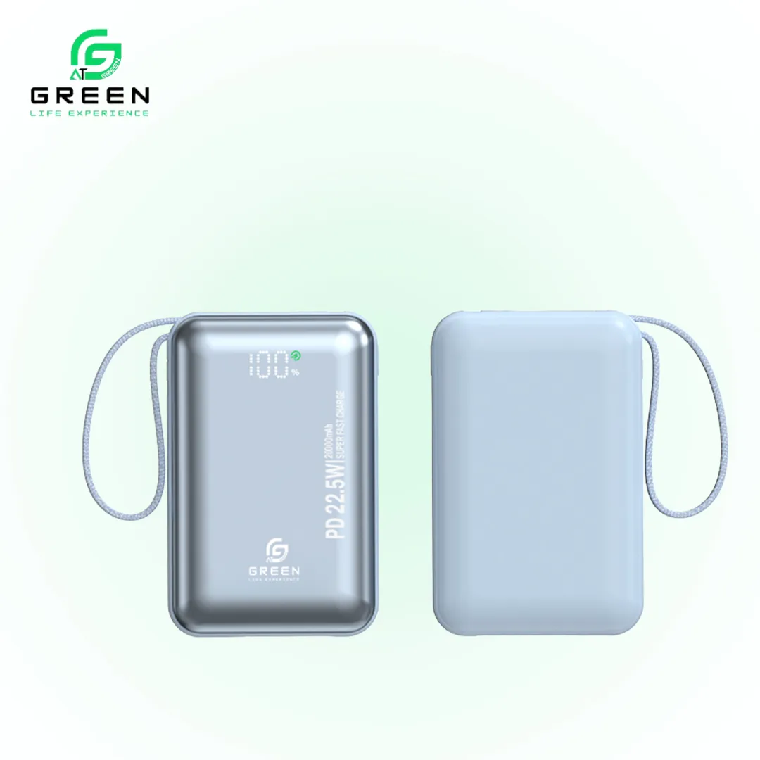 Green Turbo Mini 20000mAh Power Bank With 22.5W Fast Charging Built-In Cable & LED Display