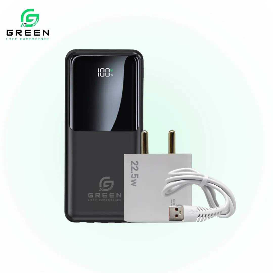Green Turbo-20 20000mAh Power Bank & UV-22.5 W Fast Charger Combo With Attached Cable & Digital Display