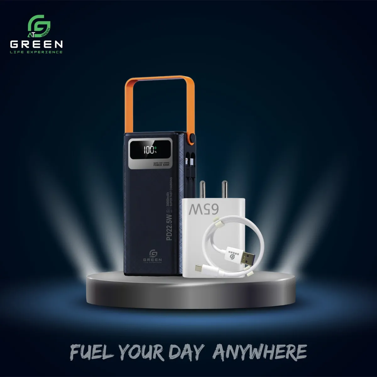 Green Thunder X4 30000mAh Power Bank & UV-65 65W Fast Charger Combo With Attached Cable & Flashlight