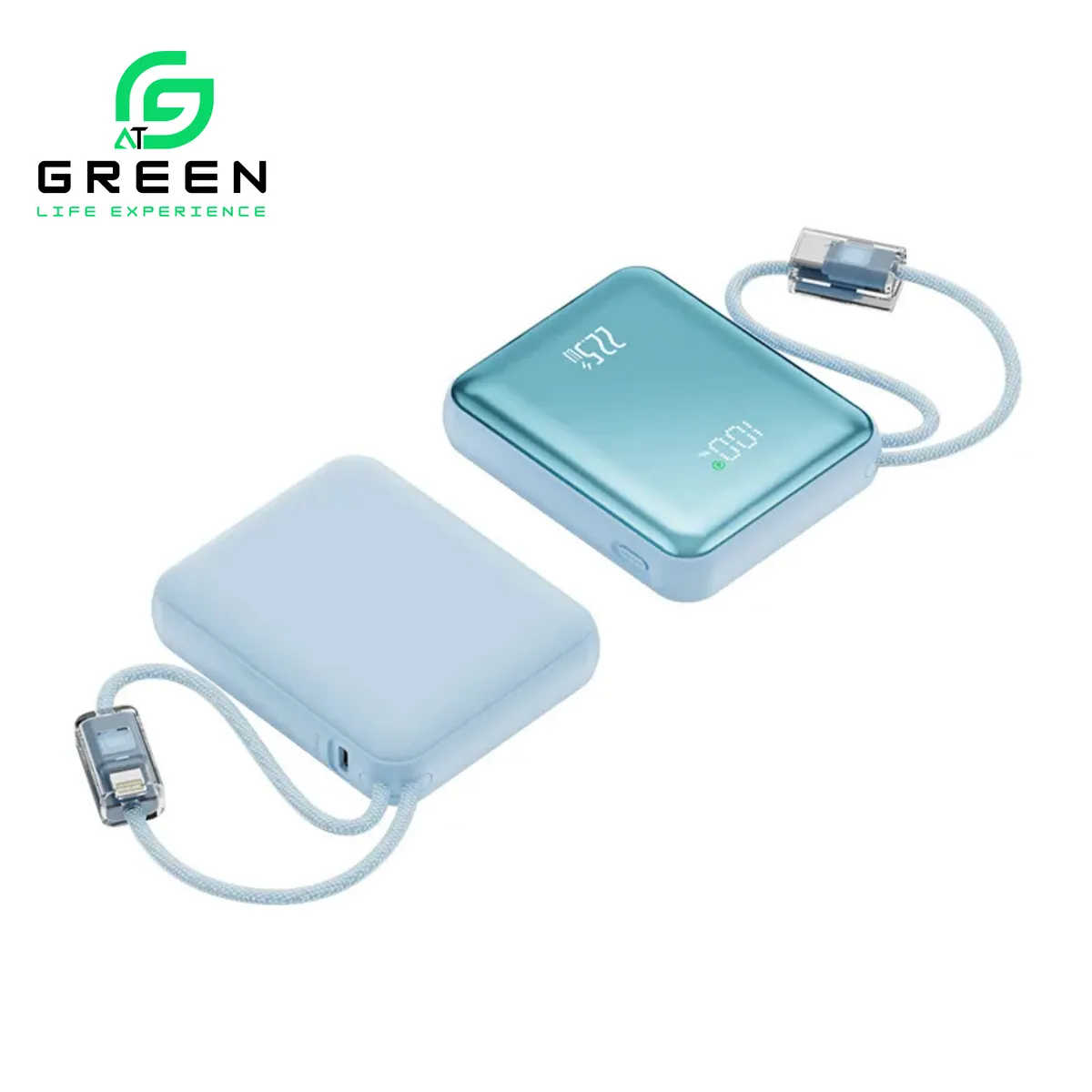 Green Turbo Tiny 10000mAh Mini Power Bank With 22.5W Fast Charging USB-C & Dual Cables