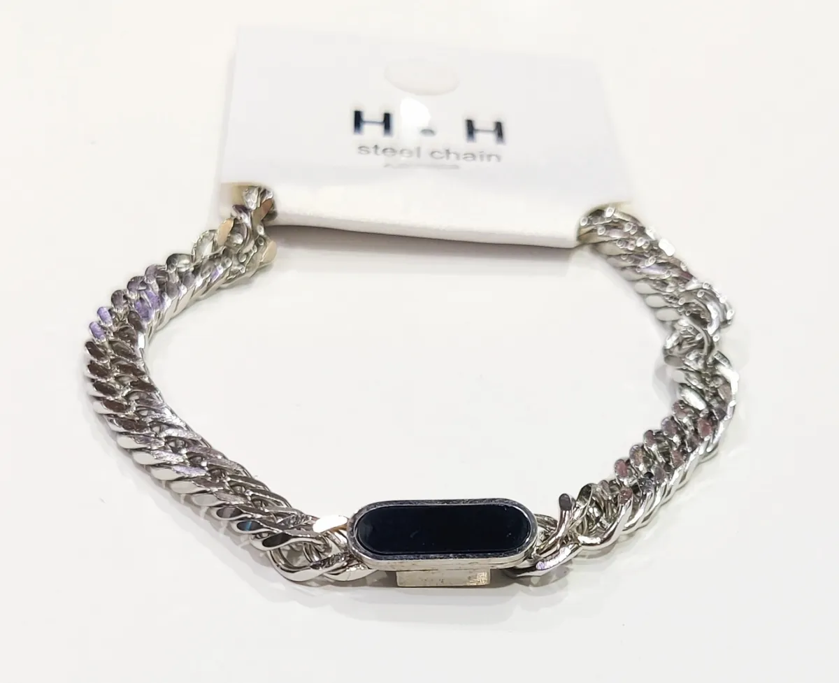 Steel Chain Black Onyx Accent Cuban Link Bracelet For Men
