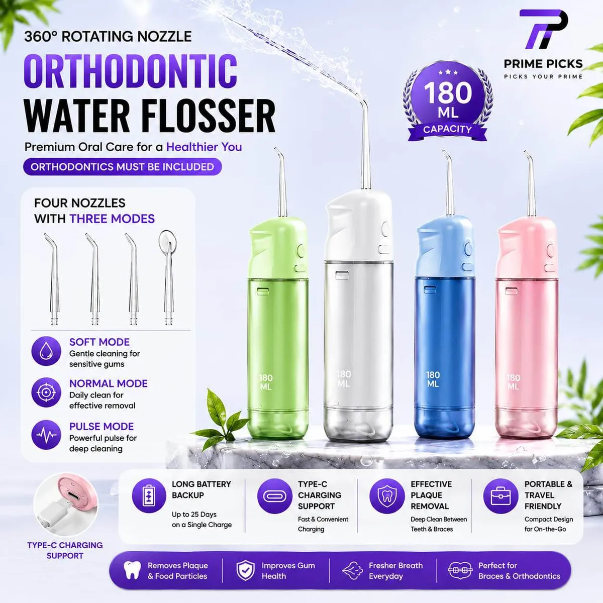 180ml Cordless Water Flosser - Multicolor