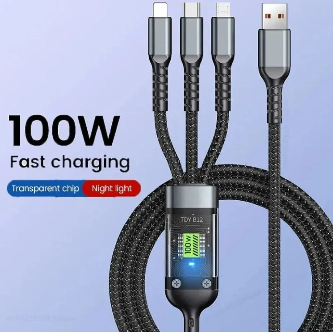 3-In-1 100W Fast Charging Data Cable With Automatic Switch-Off