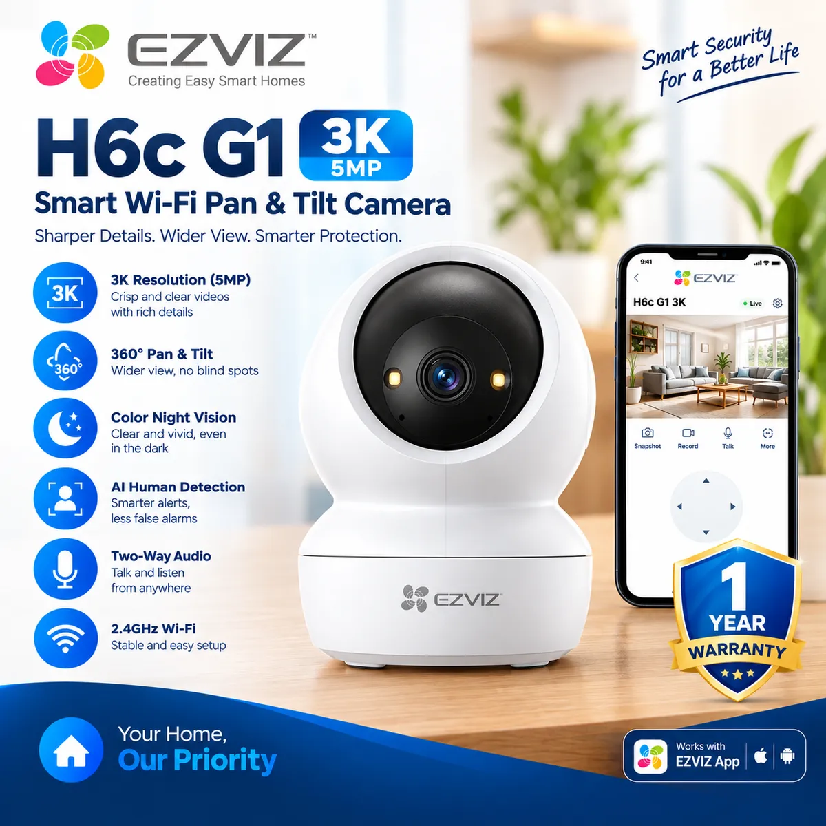 EZVIZ H6C Pro / G1 5MP Indoor Security Camera – 3K WiFi