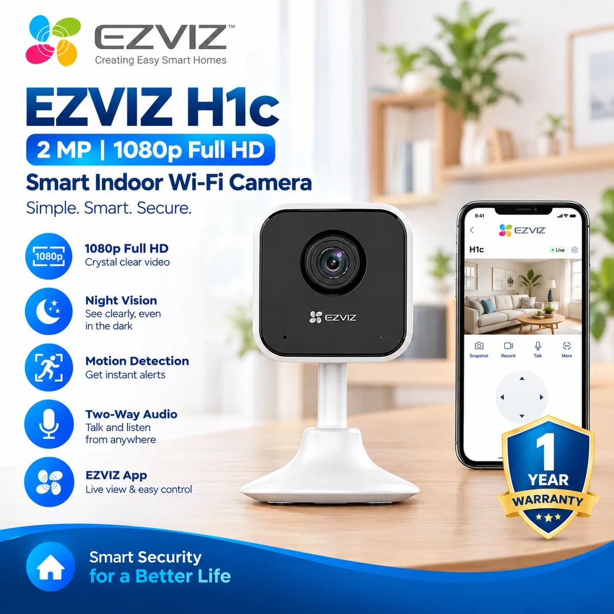 EZVIZ H1C 1080p Indoor Security Camera – Two-Way Talk