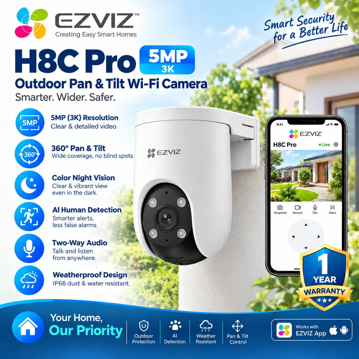 EZVIZ H8C Pro 5MP 3K Outdoor Pan & Tilt Security Camera