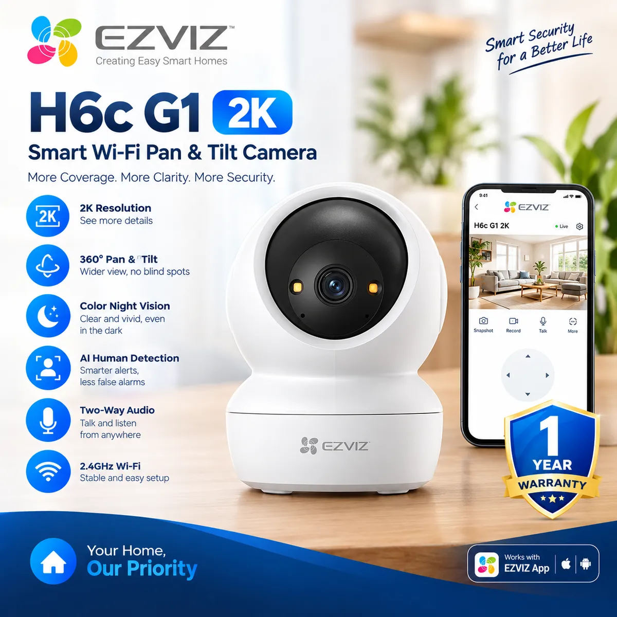 EZVIZ H6C Pro / G1 3MP Indoor Security Camera – 2K WiFi