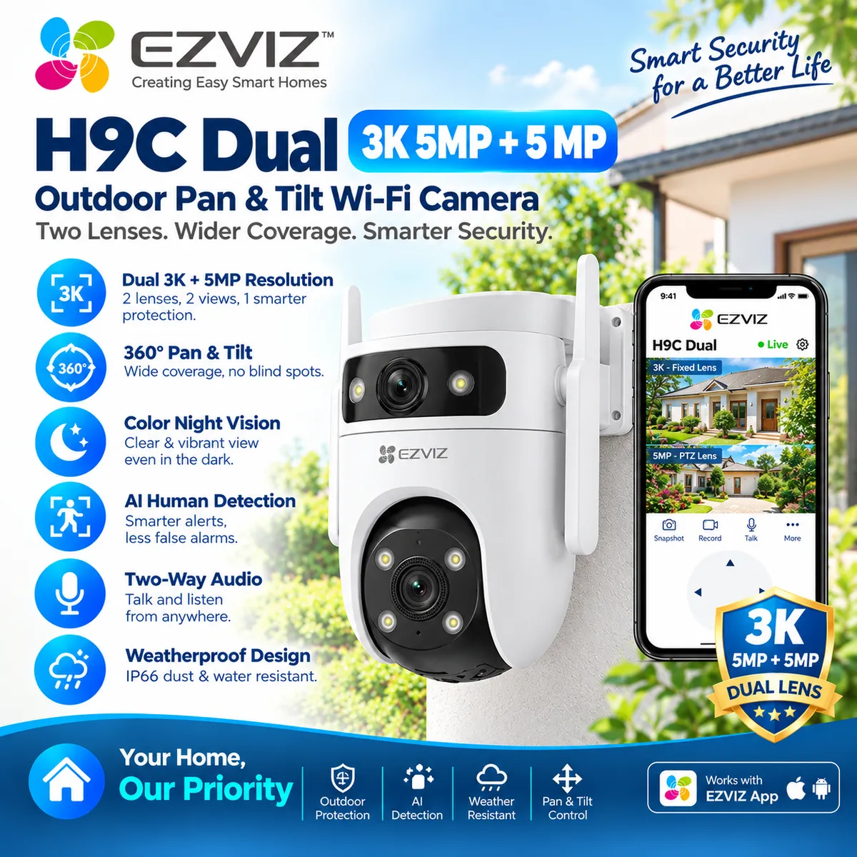 EZVIZ H9C Dual-Lens 5MP+5MP 3K Outdoor Security Camera