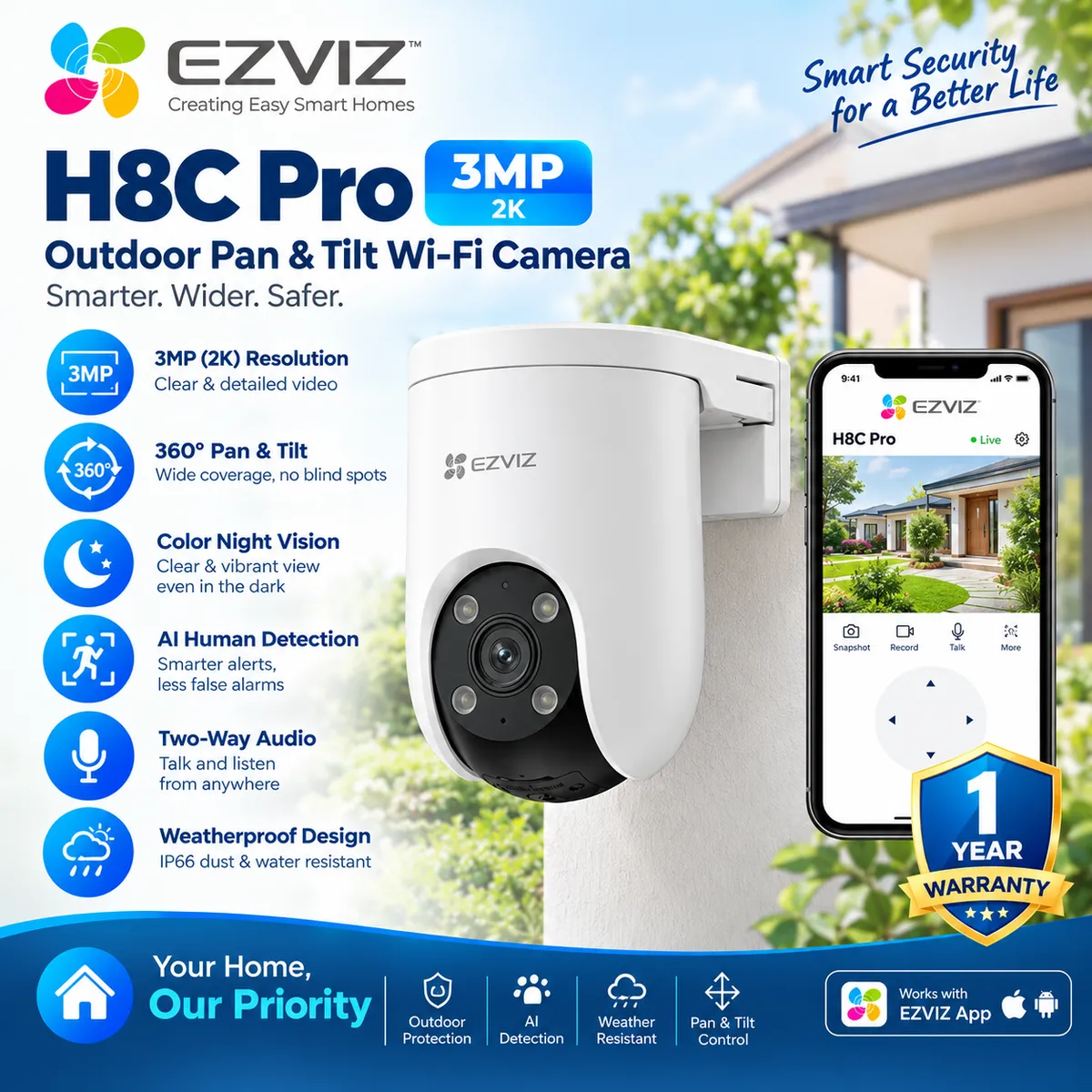 EZVIZ H8C Pro 3MP Outdoor Pan & Tilt Security Camera